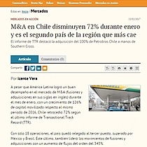 M&A en Chile disminuyen 72% durante enero y es el segundo pas de la regin que ms cae